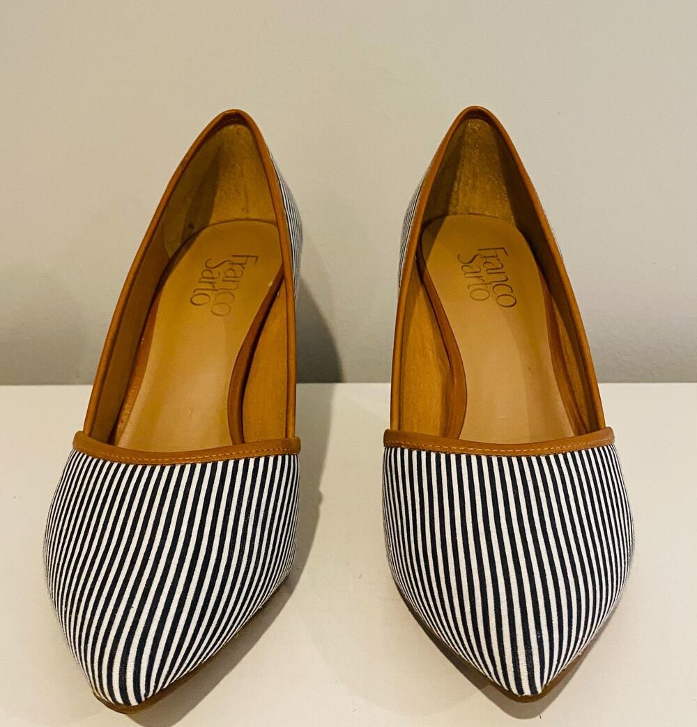 Franco Sarto Allair 2 Pointed-Toe Navy and White Canvas Heels, Size 8.5